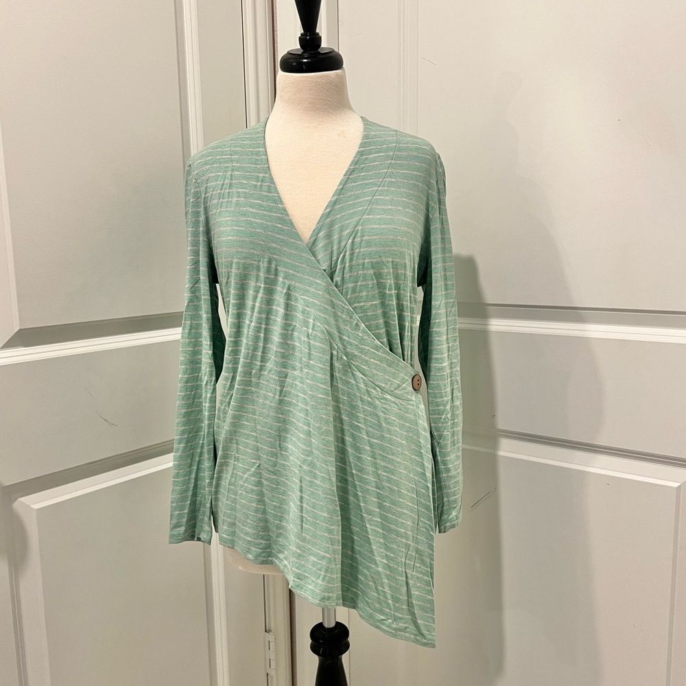 Soft Surroundings Women's Green/Gray Striped Long Sleeve Wrap Blouse Large 14-16